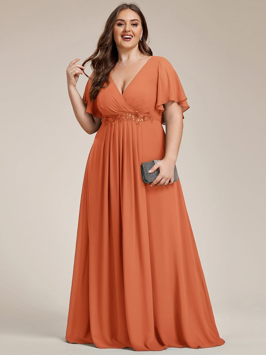 Plus Size Floral Applique Short Sleeve A-Line Chiffon Formal Evening Dress