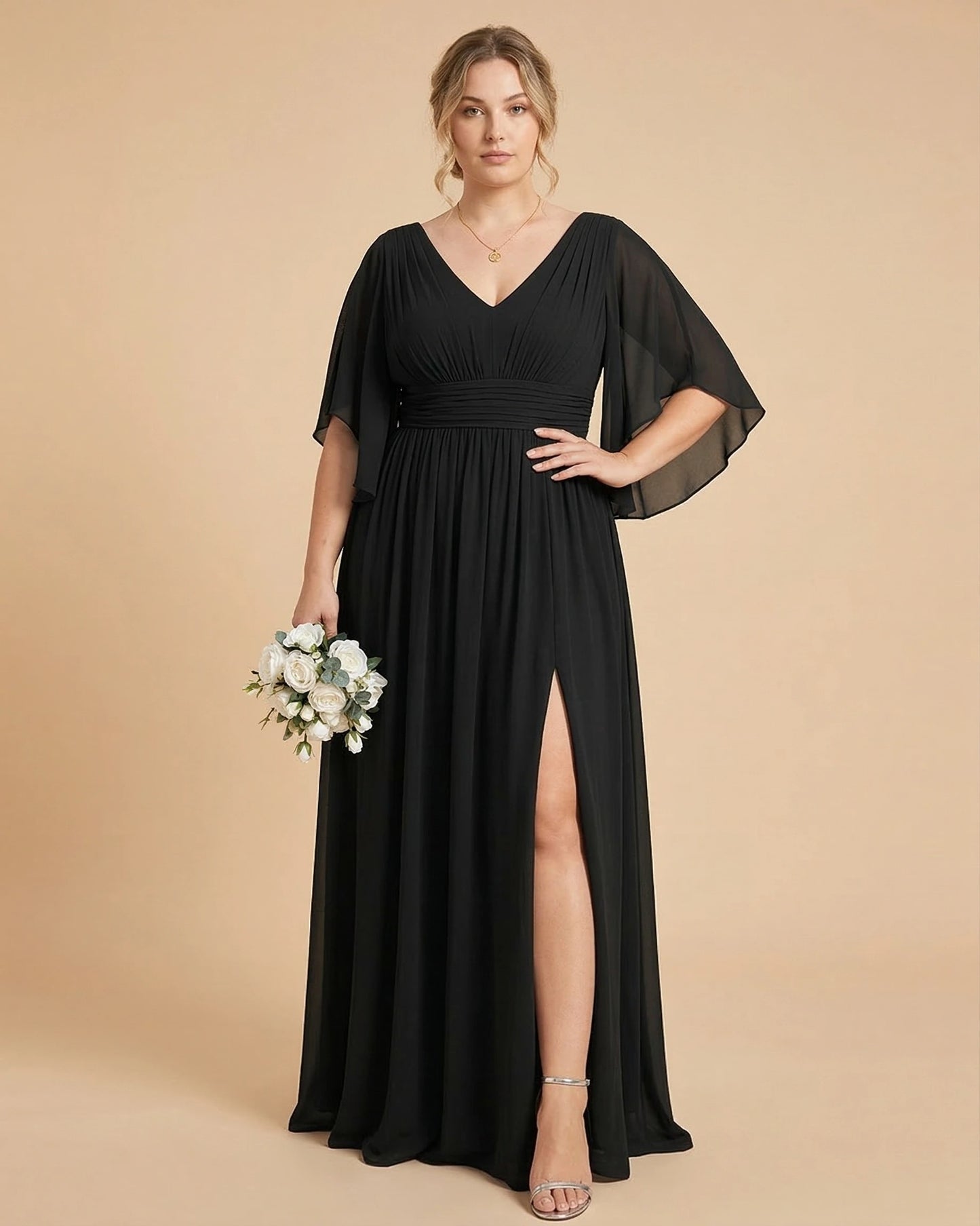 Petaline Romantic Plus Size A-Line Bridesmaid Dress with V-Neck Pleated Chiffon - for Weddings N0301