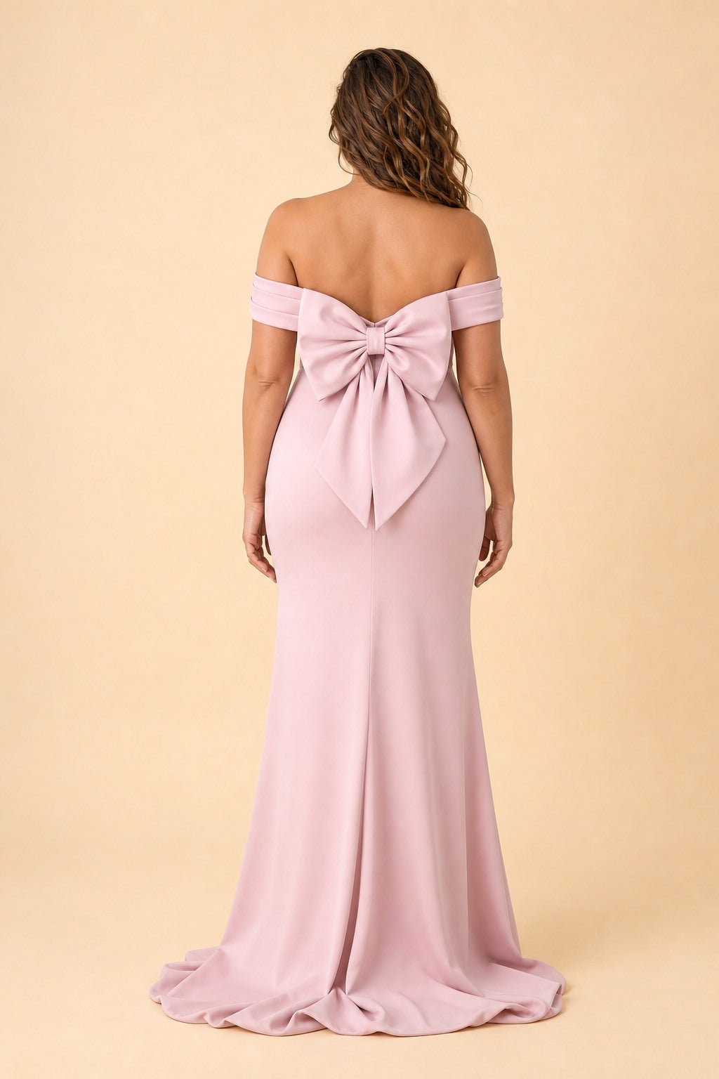 Plus Size Off Shoulder Ruched Bridesmaid Dress with Statement Back Bow