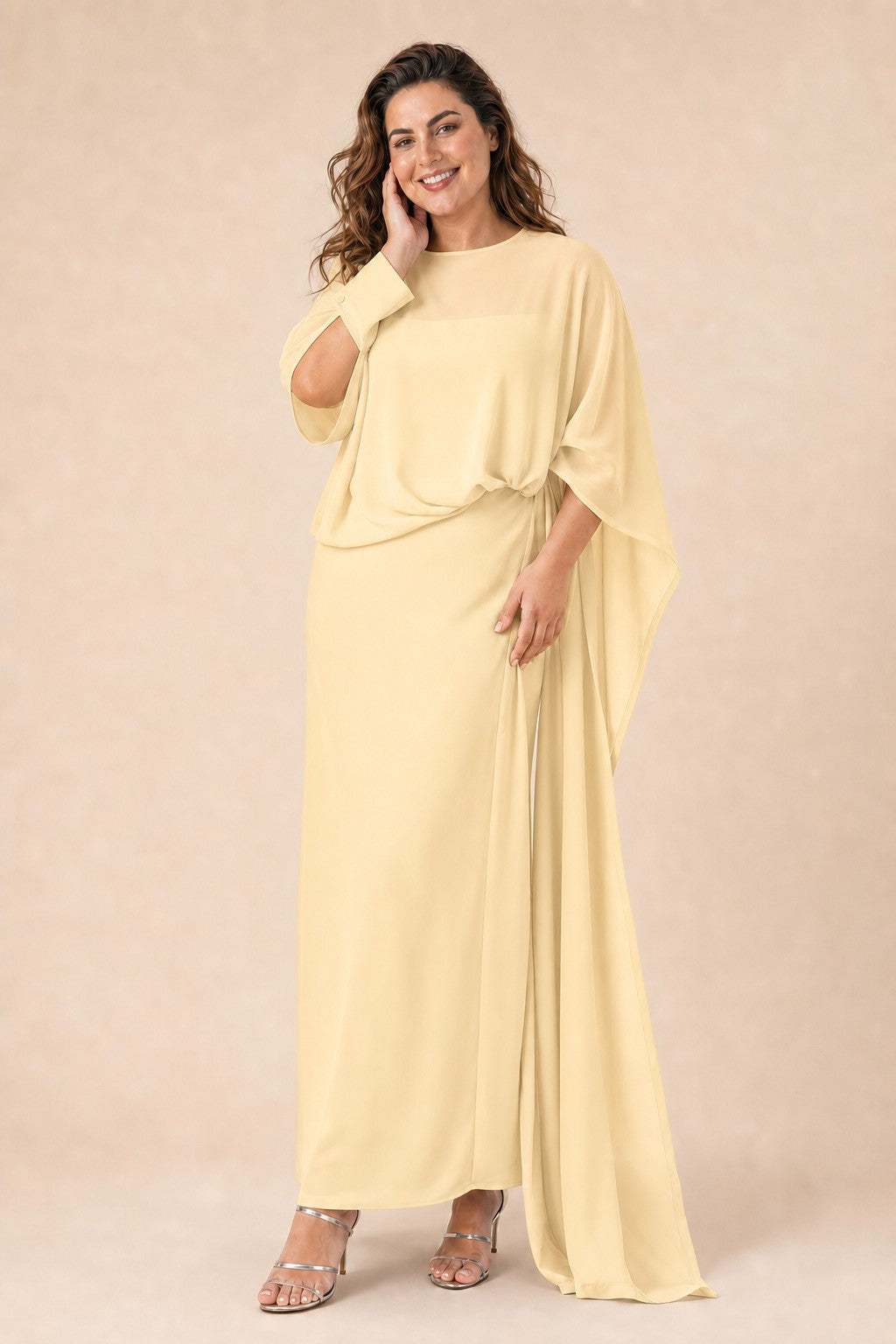 Flowy Sheer Cape Bridesmaid Dress Cuff Slit Design
