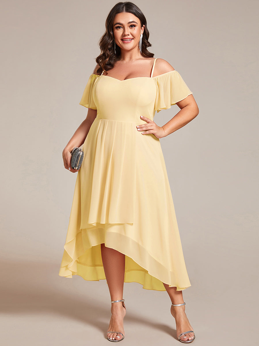 Plus Size Cold Shoulder Sweetheart Necklin Chiffon Midi Wedding Guest Dress