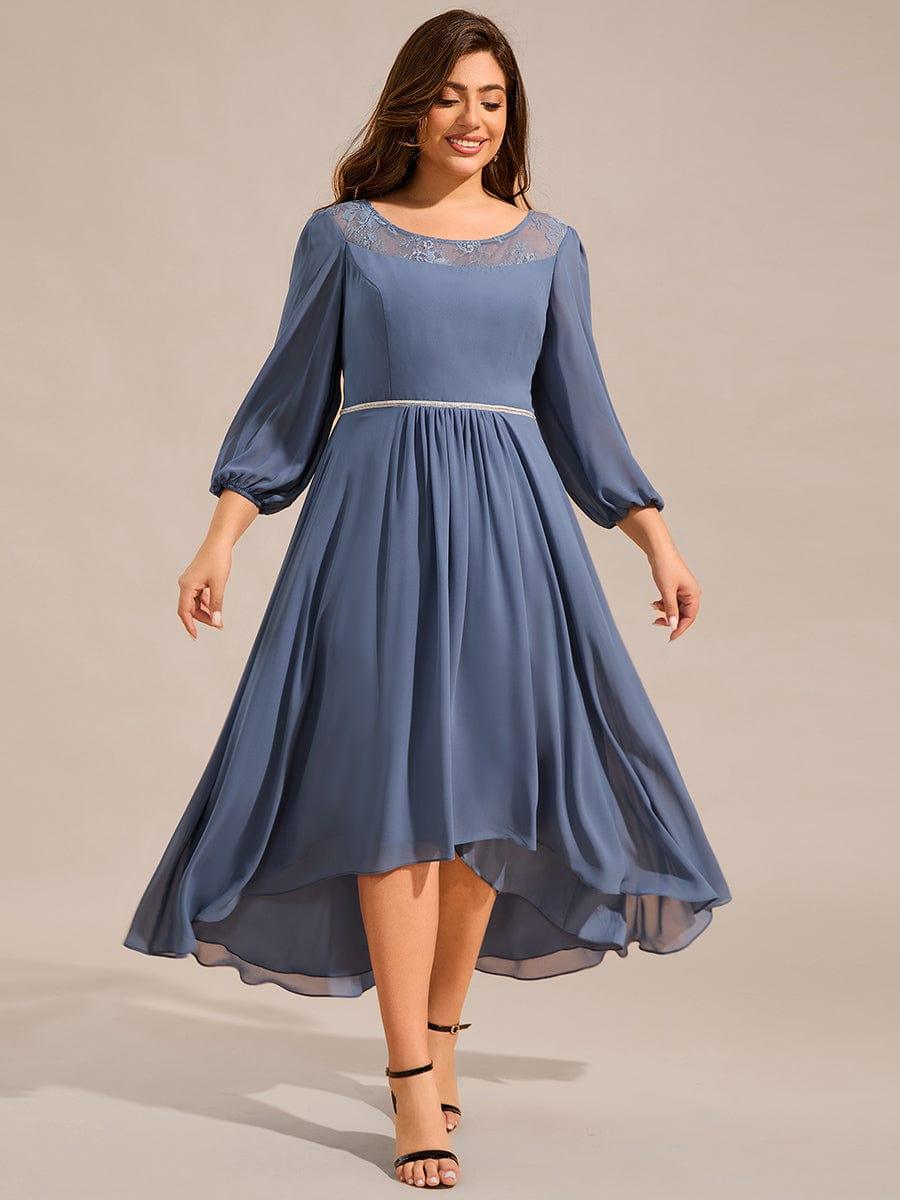 Plus Size Lace Round Neck Long Sleeve Chiffon Midi Wedding Guest Dress