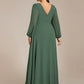 Plus Size A-Line V-Neck See-Through Long Sleeves Shiny Belt Chiffon Evening Dress