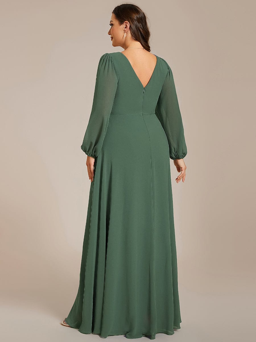 Plus Size A-Line V-Neck See-Through Long Sleeves Shiny Belt Chiffon Evening Dress