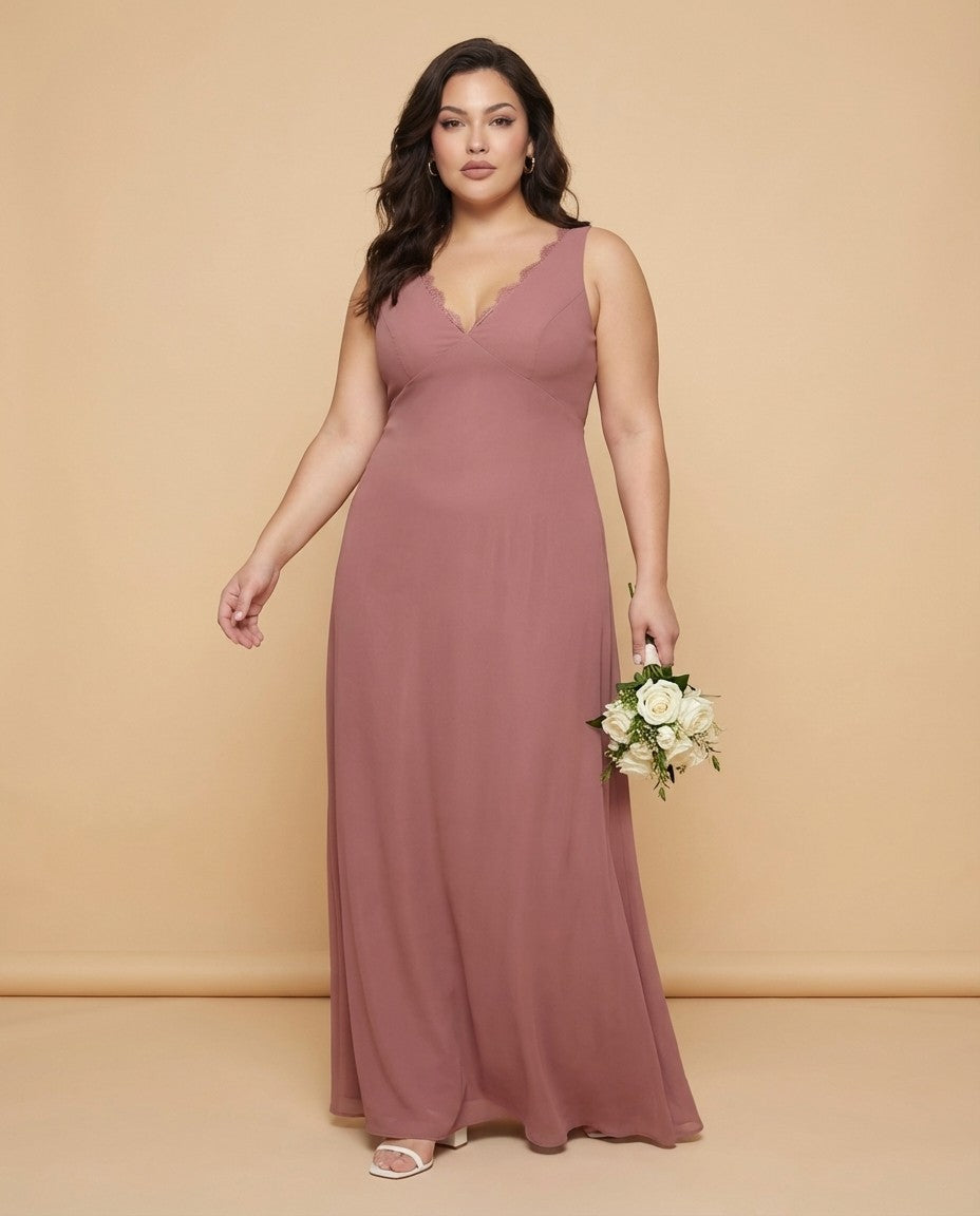 Silvarelle Plus Size Timeless Lace Sheath Floor Length Chiffon Bridesmaid Dress -N0366