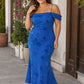 Plus Size Off Shoulder Burnout Floral Bridesmaid Dress with Lace-Up Back