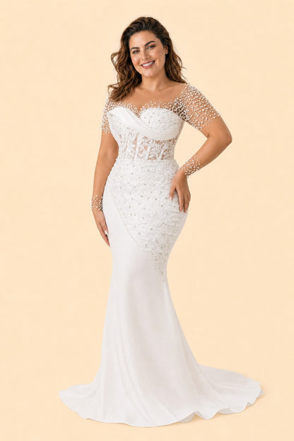 Plus Size Lace Wedding Dress with Detachable Train and Hand-Placed Beaded Bodice