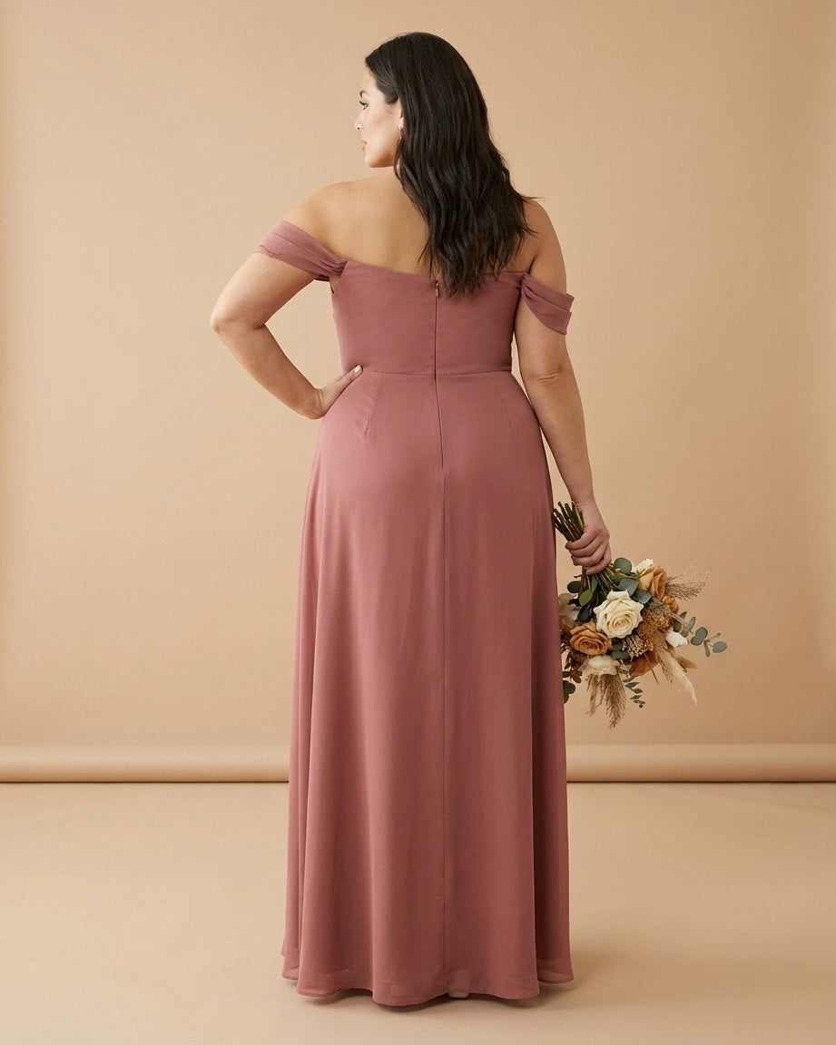 Elanthia Plus Size Romantic Sheath Bridesmaid Dress with Off Shoulder for Wedding -N0347