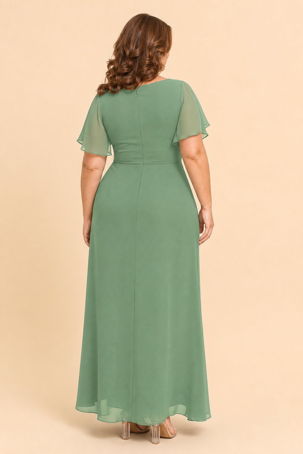 Plus Size A-Line Mother of the Bride Dress with Pleated Chiffon Flutter Sleeves