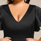 Plus Size V-Neck Satin Midi Wedding Guest Dress with Ruffled Skirt