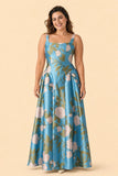 Elegant Floral Bridesmaid Ballgown Square Neck A-Line Dress