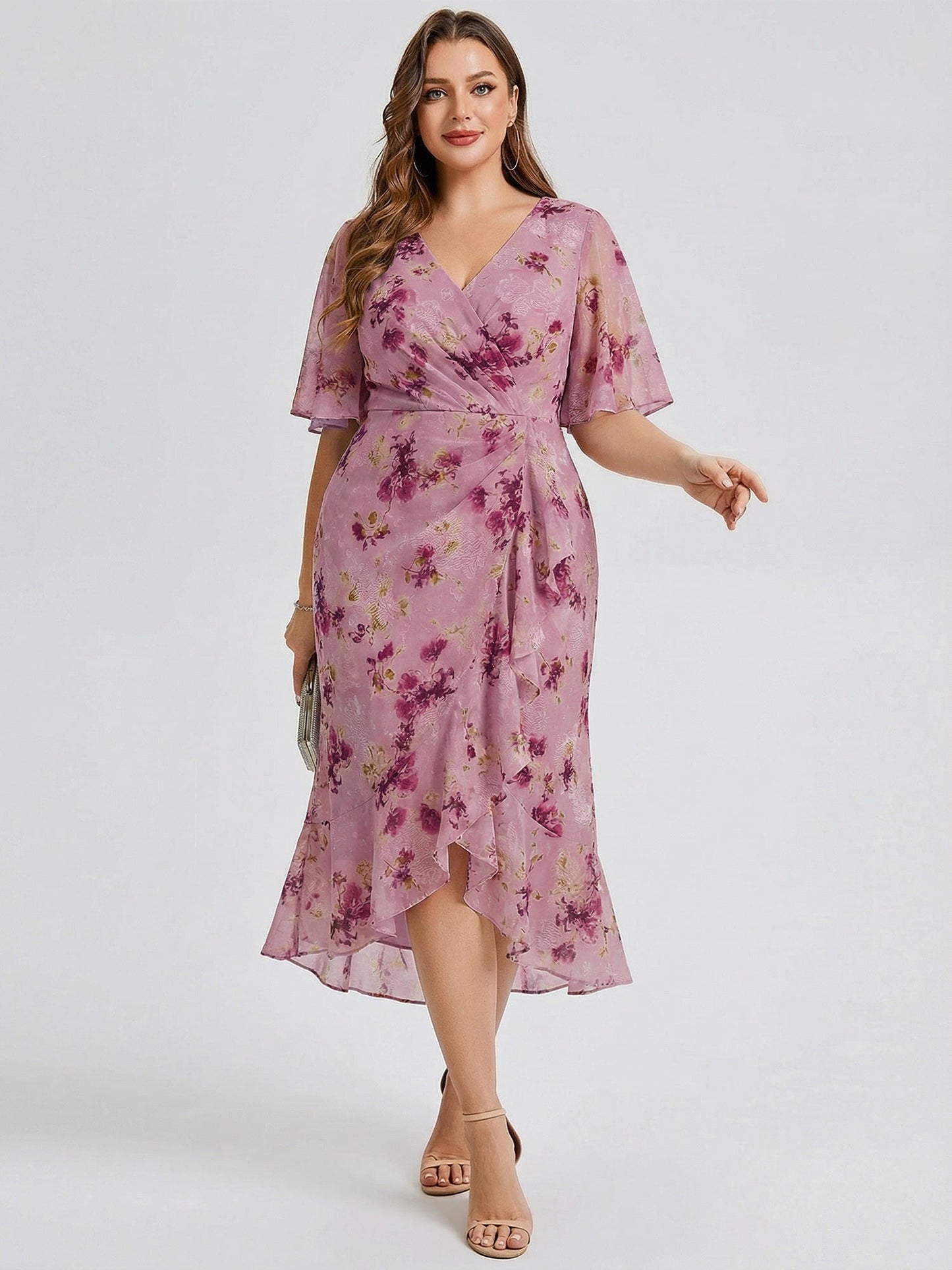 Plus Size Printed Mermaid Chiffon Wedding Guest Dress