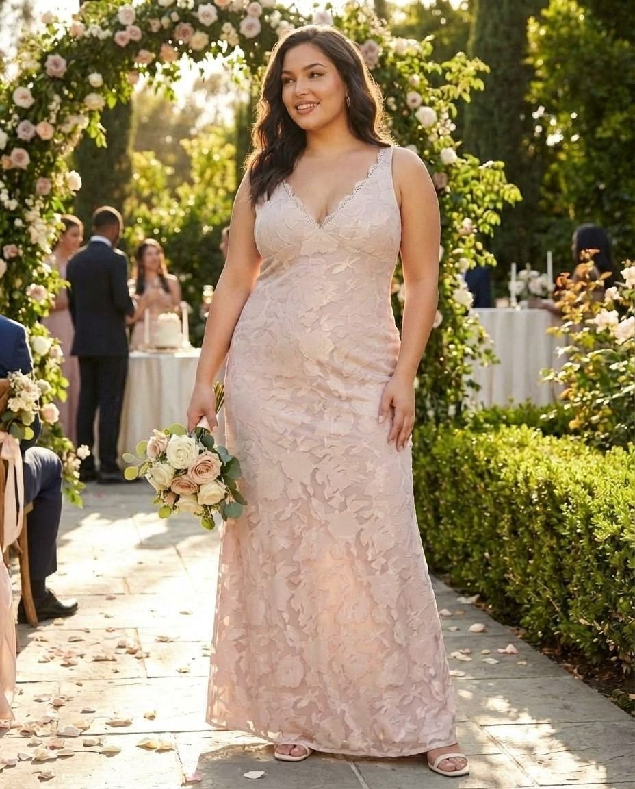 Silvarelle Romantic Floral Burnout Lace Plus Size Bridesmaid Dress for Weddings - N0352