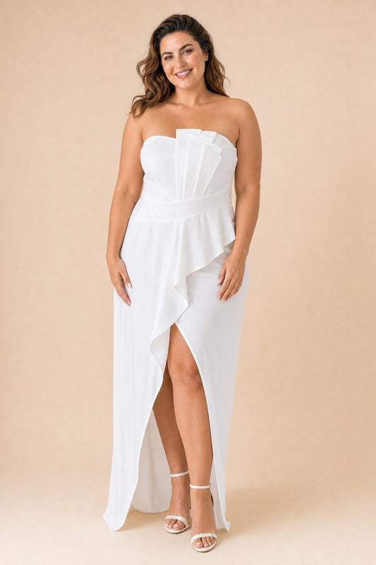 Romantic Plus Size Wedding Guest Dress with Ruched Slit Ruffle Hem