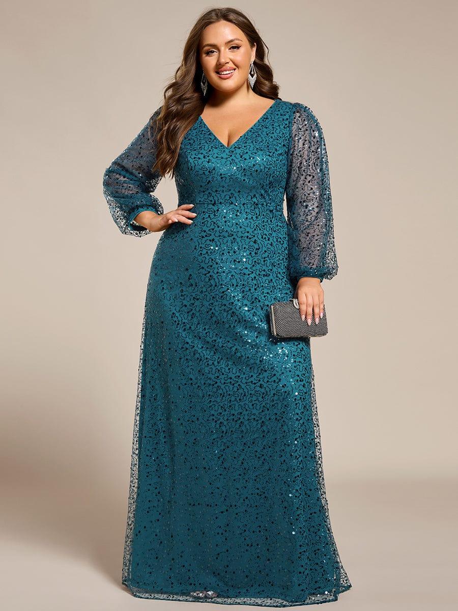 Plus Size V-Neck Lantern Long Sleeve Sequin A-Line Evening Dress