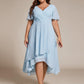 Plus Size Chiffon Short Sleeves Pleated V-Neck A-Line Midi Wedding Guest Dress