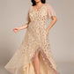 Plus Size Short Sleeves Sequin High Low V-Neck Midi Formal Evening Dress