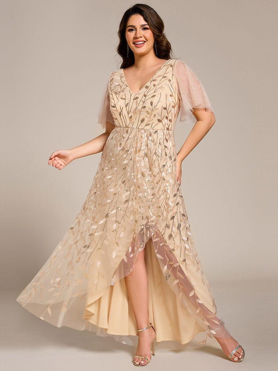 Plus Size Short Sleeves Sequin High Low V-Neck Midi Formal Evening Dress