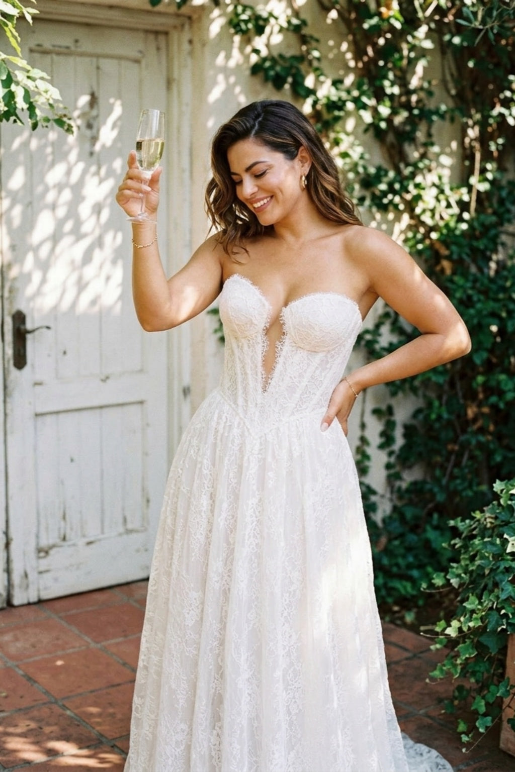 Romantic Strapless Basque Waist A Line Lace Wedding Gown with Lace Up Back for Curvy Brides