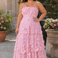 Romantic Lace Up Back Bridesmaid Gown Featuring 3D Floral Appliqué Tiered Flowy Skirt