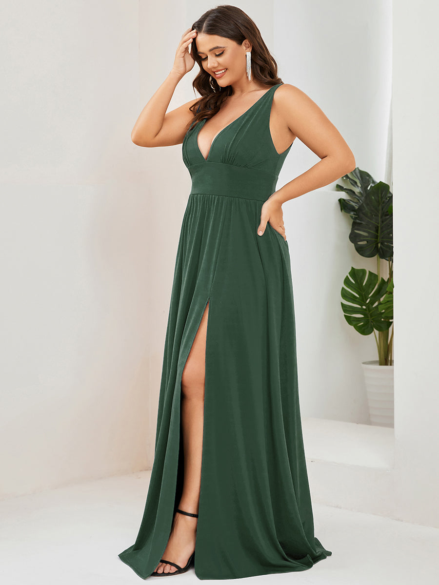 Plus Size Sleeveless V-Neck Empire Waist High Slit Floor-Length Evening Dress