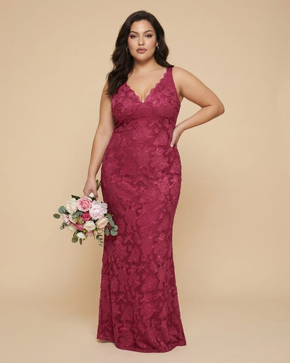 Silvarelle Chic Plus Size Sheath Bridesmaid Dress with Lace Overlay for Wedding Ceremony -N0355