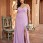 Elanthia Plus Size Off The Shoulder Mesh Bridesmaid Dress With Leg Slit For Wedding Party -N0346
