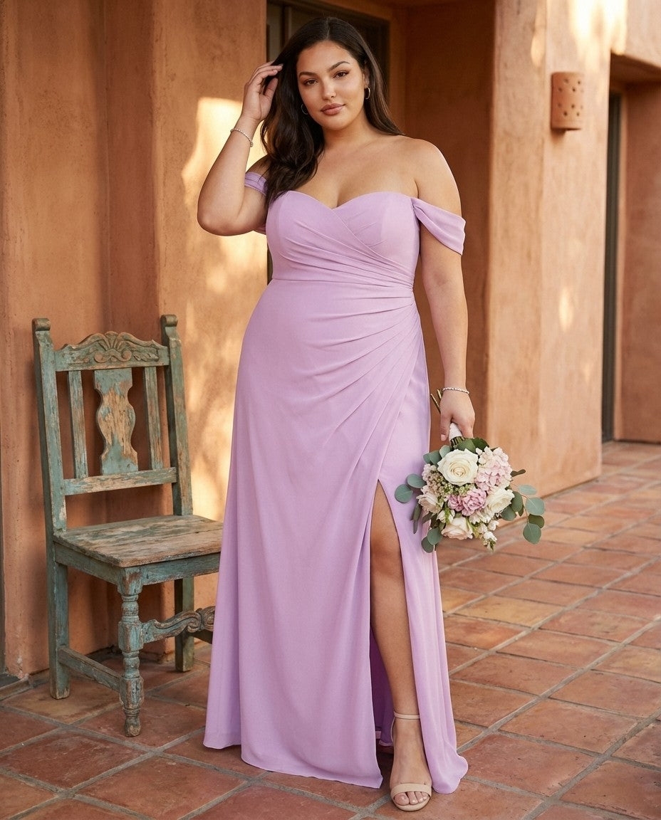 Elanthia Plus Size Off The Shoulder Mesh Bridesmaid Dress With Leg Slit For Wedding Party -N0346