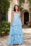 Romantic Lace Up Back Bridesmaid Gown Featuring 3D Floral Appliqué Tiered Flowy Skirt