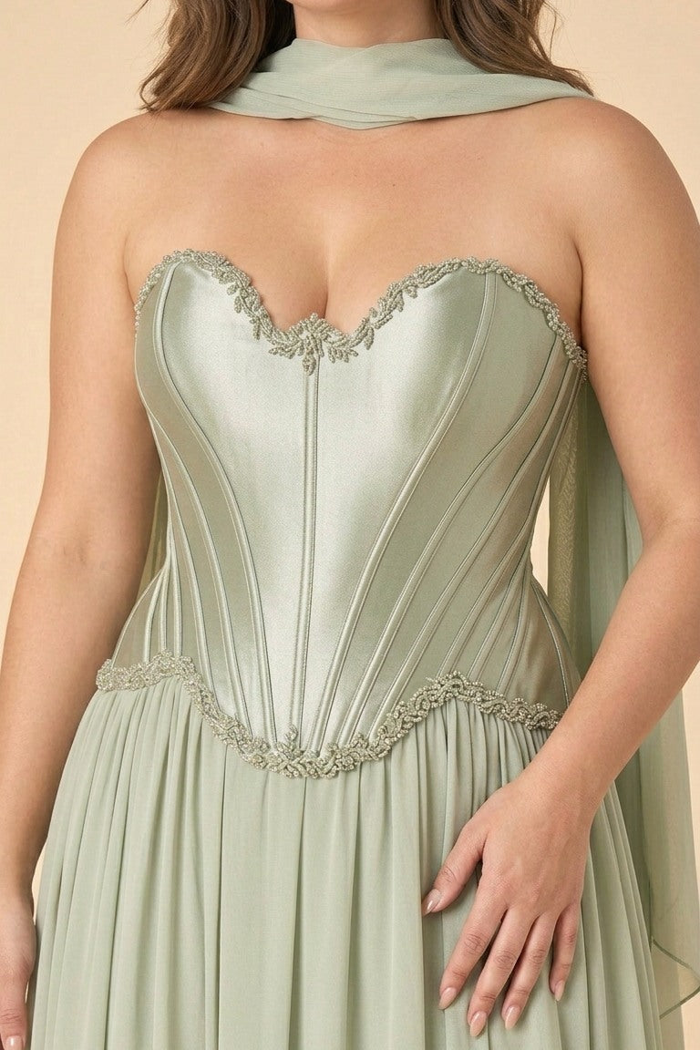 Scarvelle Plus Size Satin Prom Dress with Basque Waist and Pearl Corset