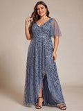 Plus Size Short Sleeves Sequin High Low V-Neck Midi Formal Evening Dress