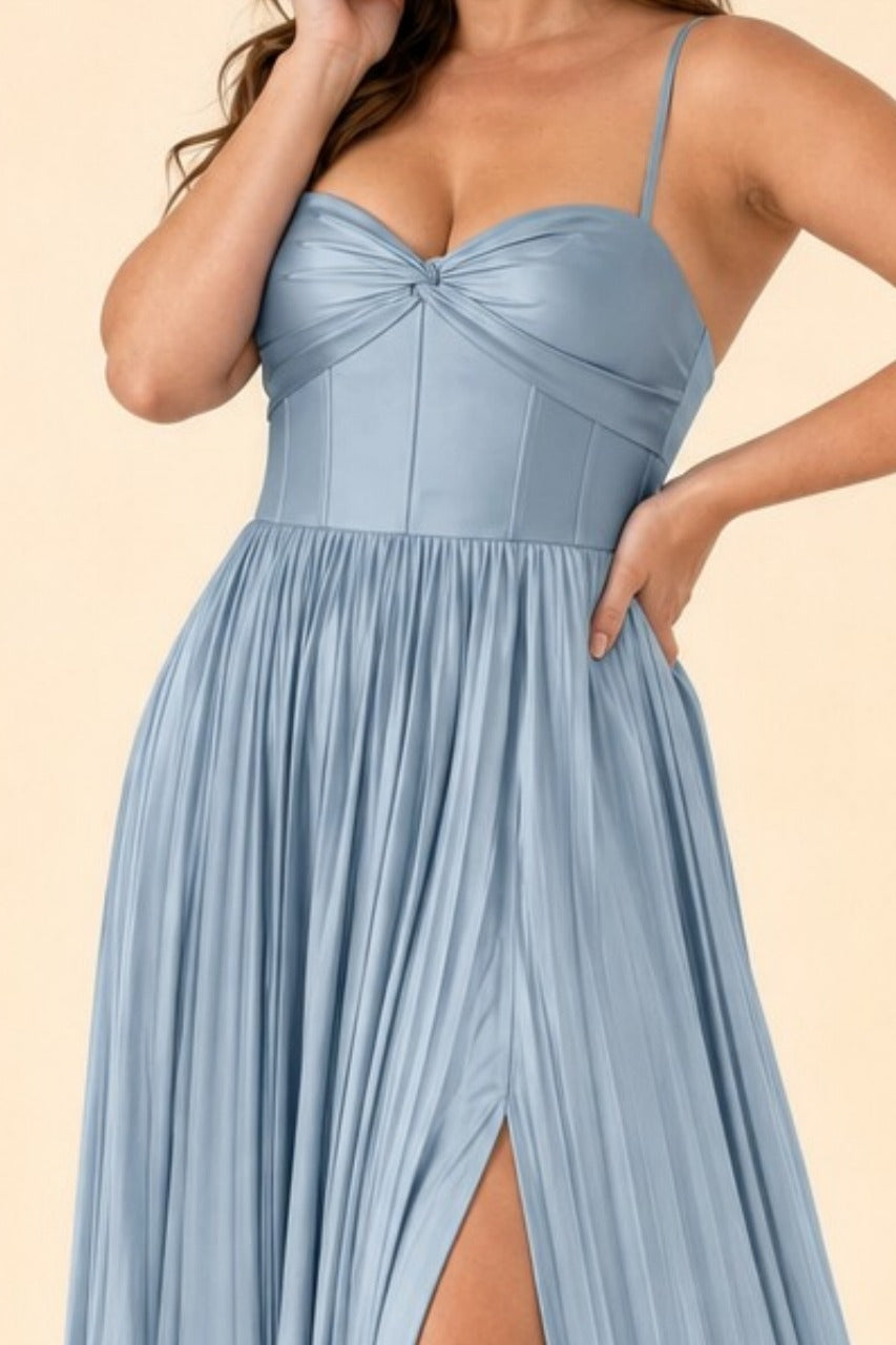 Ruched Satin Bridesmaid Dress with Open Back and Side Slit
