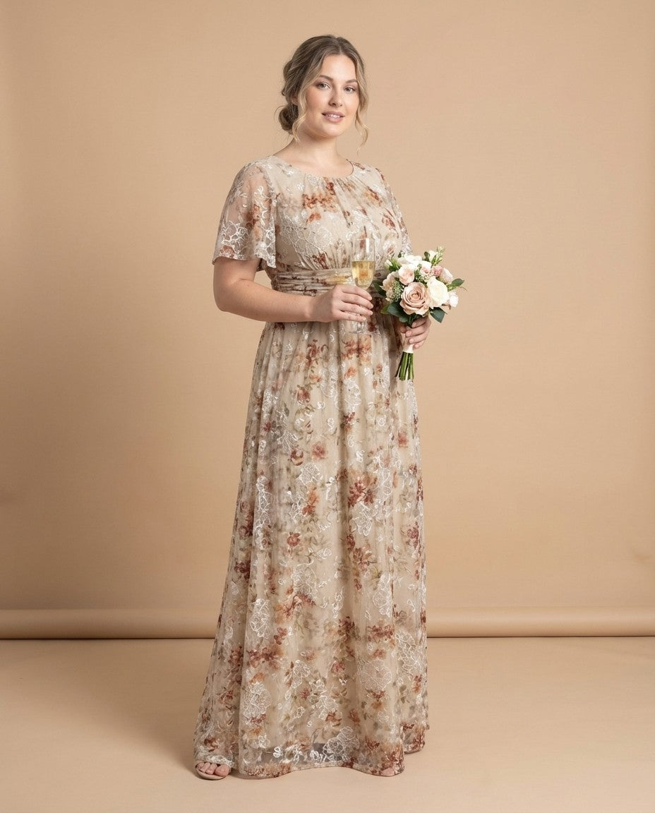 Petaline Plus Size Chiffon A-Line Bridesmaid Gown with Short Flutter Sleeves N0326