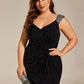 Plus Size Glitter V-Neck High Slit Sequin Shoulder Strap Evening Dress