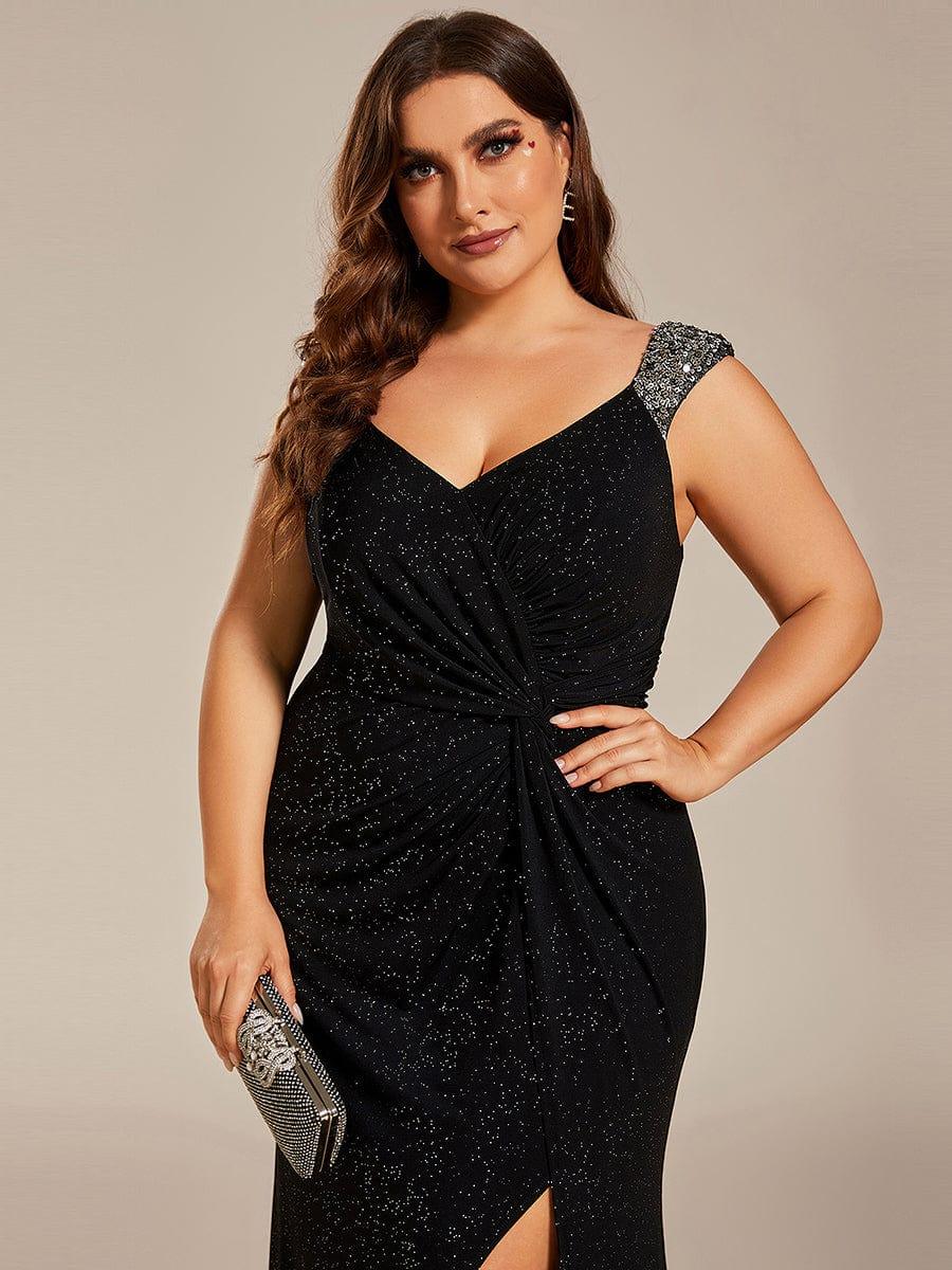 Plus Size Glitter V-Neck High Slit Sequin Shoulder Strap Evening Dress