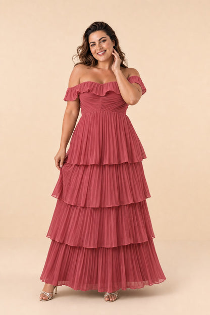Elegant A Line Maxi Bridesmaid Dress Pleated Tiered Off Shoulder Design