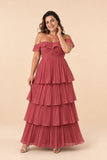 Elegant A Line Maxi Bridesmaid Dress Pleated Tiered Off Shoulder Design