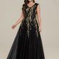 Plus Size V-Neck Sequin High Stretch Cap Sleeve Tulle Formal Dress