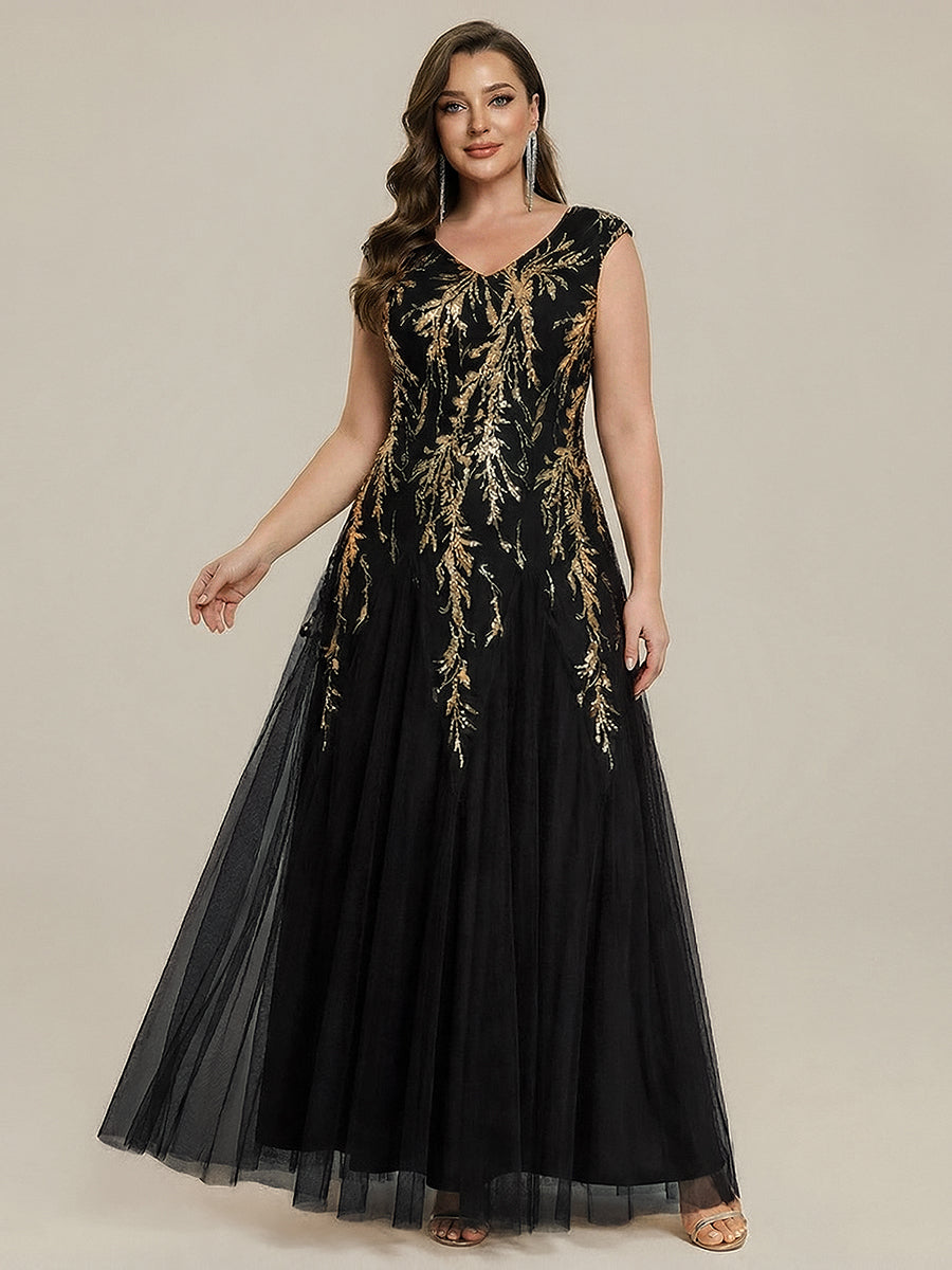 Plus Size V-Neck Sequin High Stretch Cap Sleeve Tulle Formal Dress