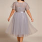 Plus Size Round Neckline Embellished Tulle Midi Bridesmaid Dress