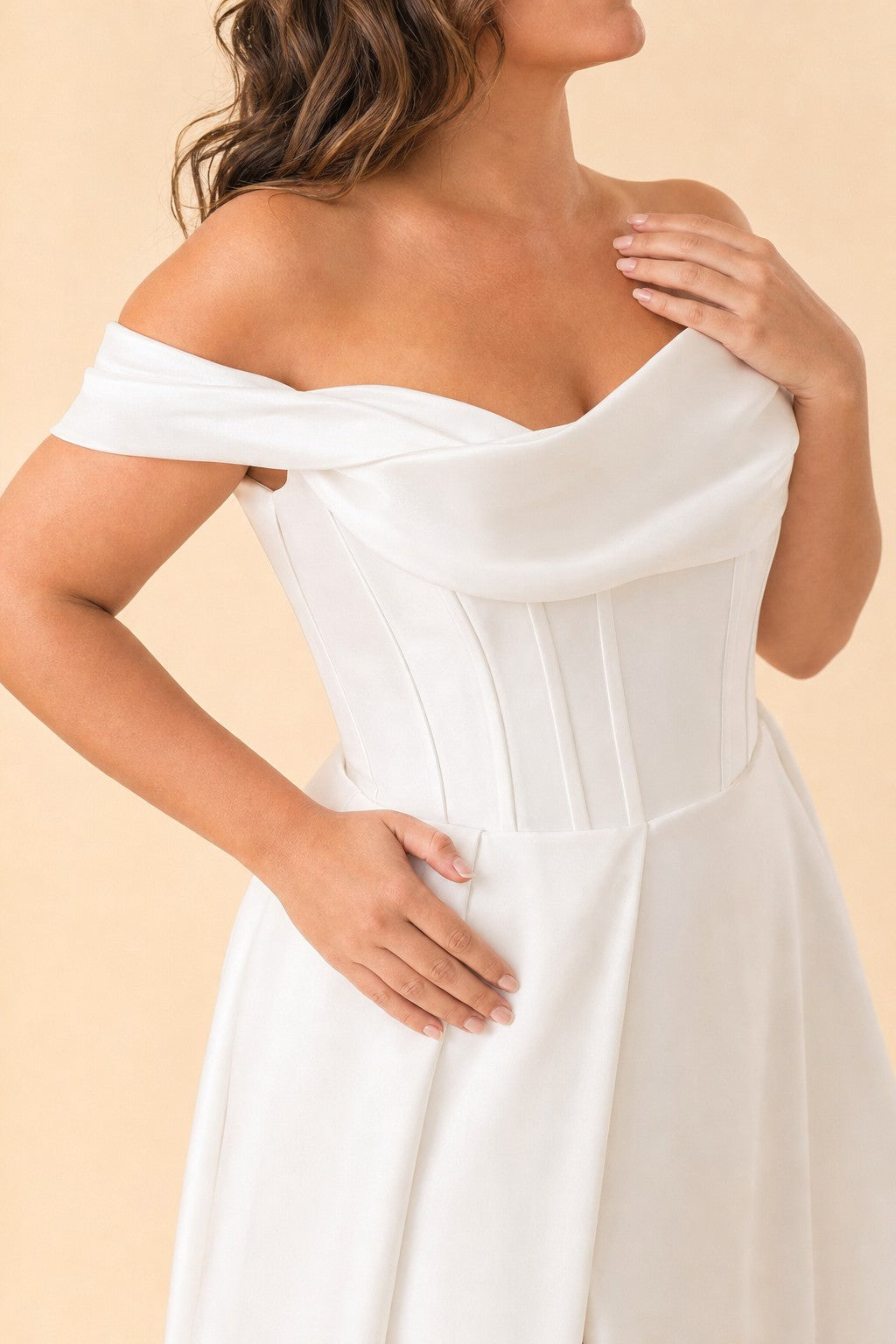 Plus Size Off-Shoulder Wedding Dress with Ruched Bodice and A-Line Skirt