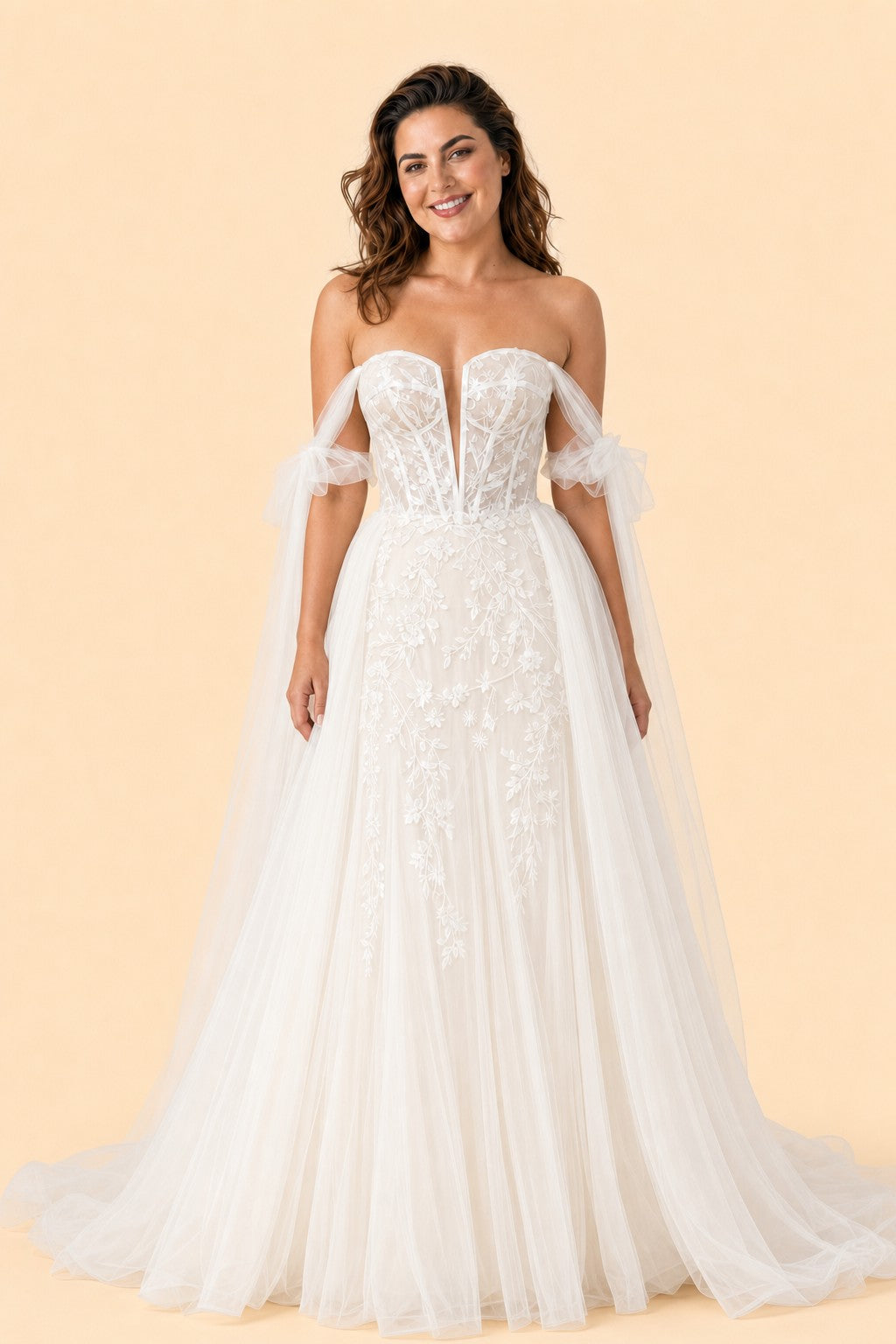 Plus Size Bridal Gown Off Shoulder with Removable Skirt Romantic Bow Detail