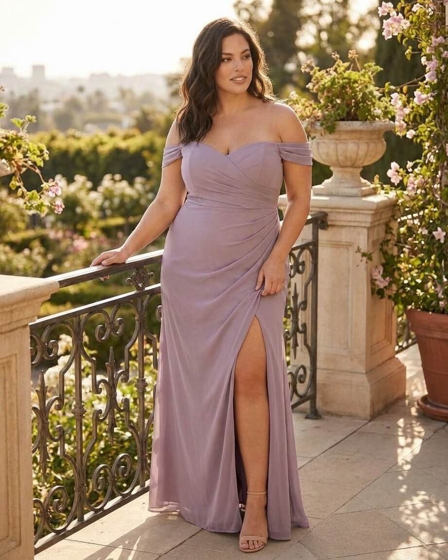 Elanthia Plus Size Romantic Sheath Bridesmaid Dress with Off Shoulder for Wedding -N0347