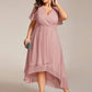 Plus Size Chiffon Short Sleeves Pleated V-Neck A-Line Midi Wedding Guest Dress