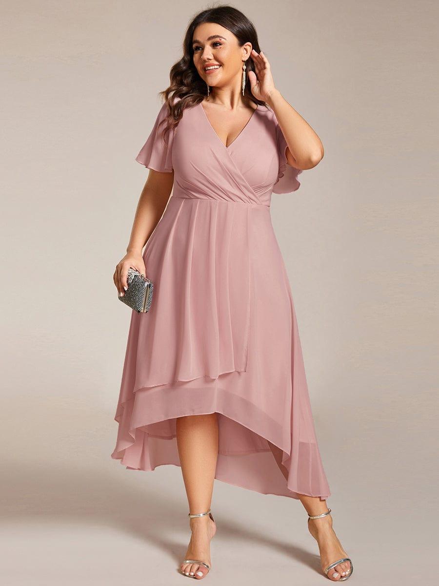 Plus Size Chiffon Short Sleeves Pleated V-Neck A-Line Midi Wedding Guest Dress