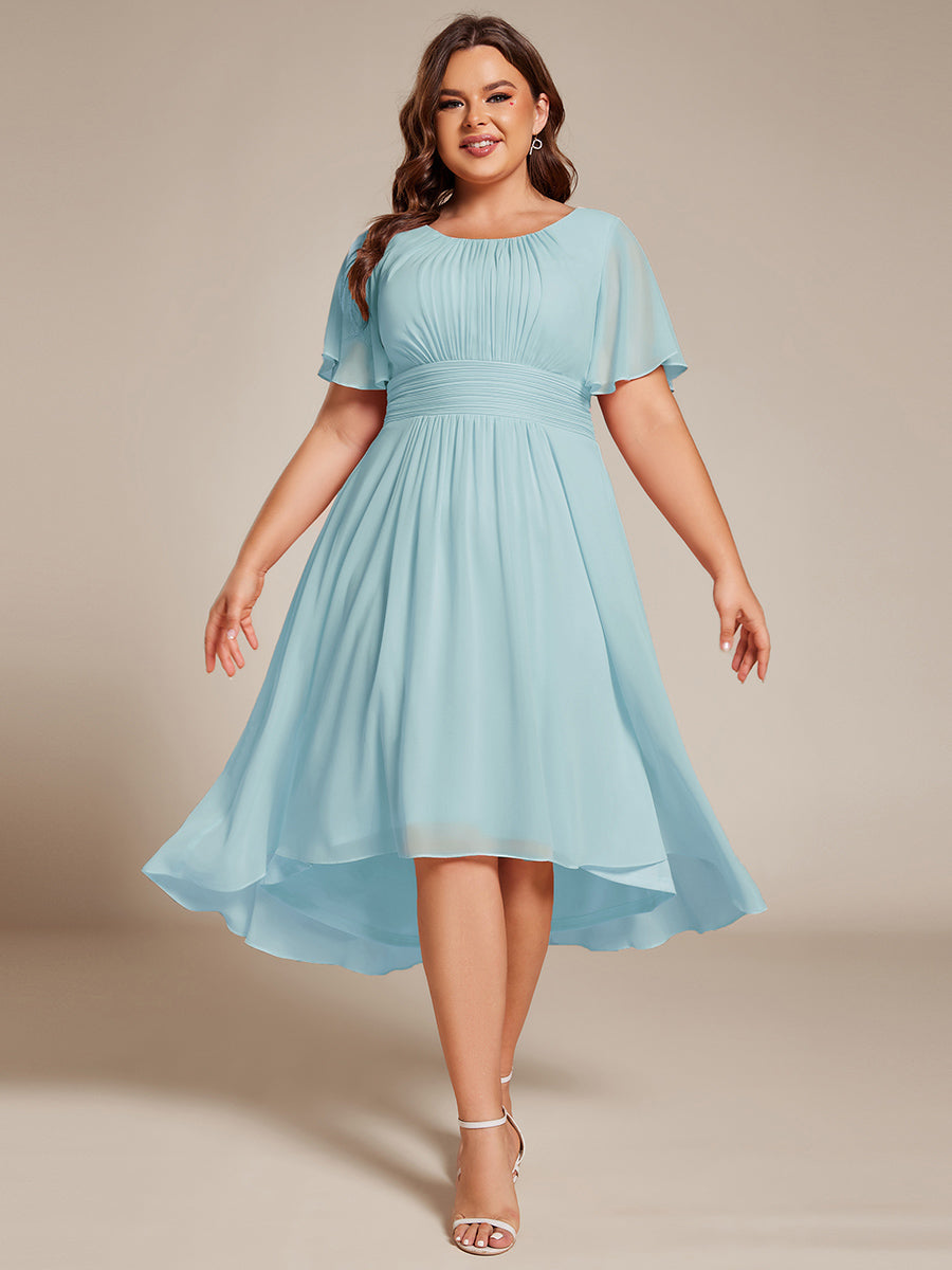 Plus Size Pleated Round Neckline A-Line Midi Chiffon Wedding Guest Dress