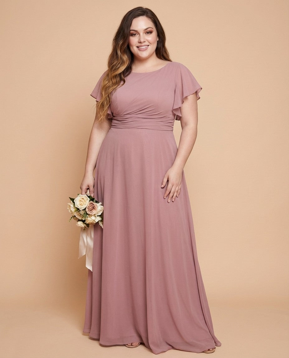 Avenleigh Plus Size Half Sleeve Pleated Chiffon A-Line Bridesmaid Dress for Wedding Party - N0338