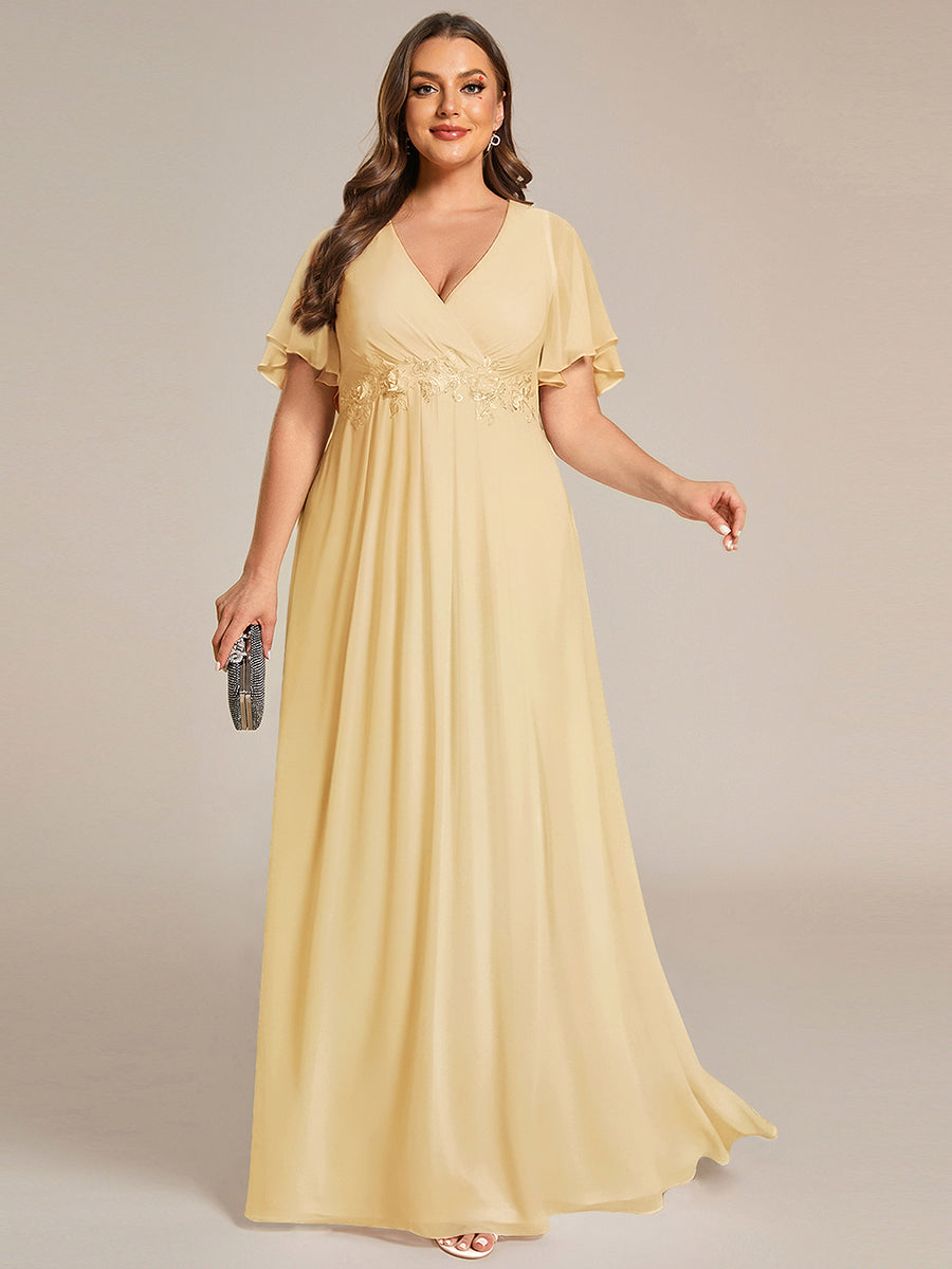Plus Size Floral Applique Short Sleeve A-Line Chiffon Formal Evening Dress