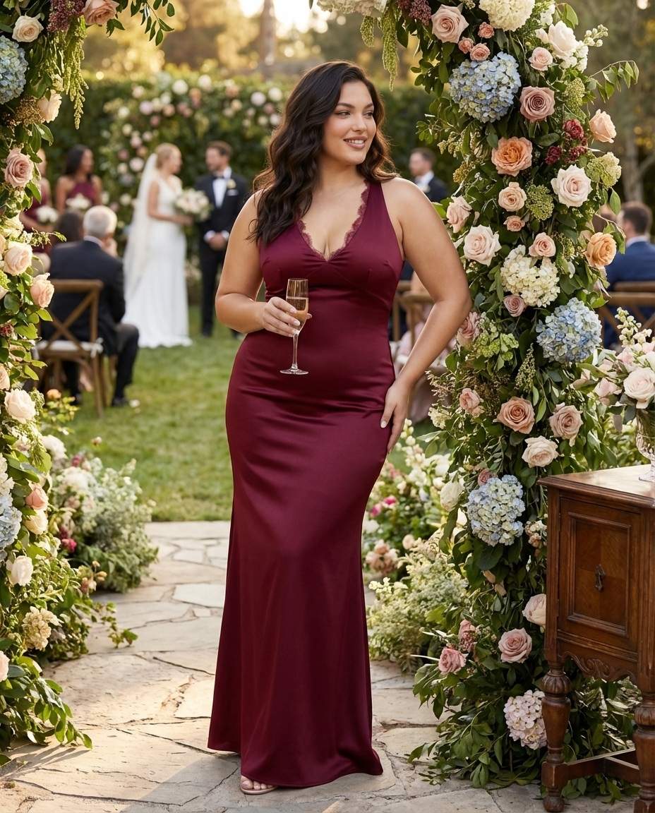 Silvarelle Romantic Sheath Stretch Satin Plus Size Bridesmaid Dress with V-Neck for Weddings - N0361