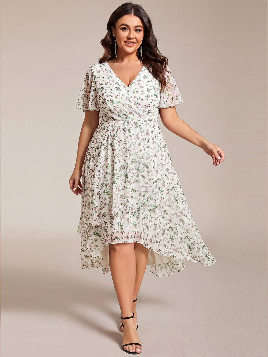 Plus Size Chiffon Short Sleeves Pleated V-Neck A-Line Midi Wedding Guest Dress